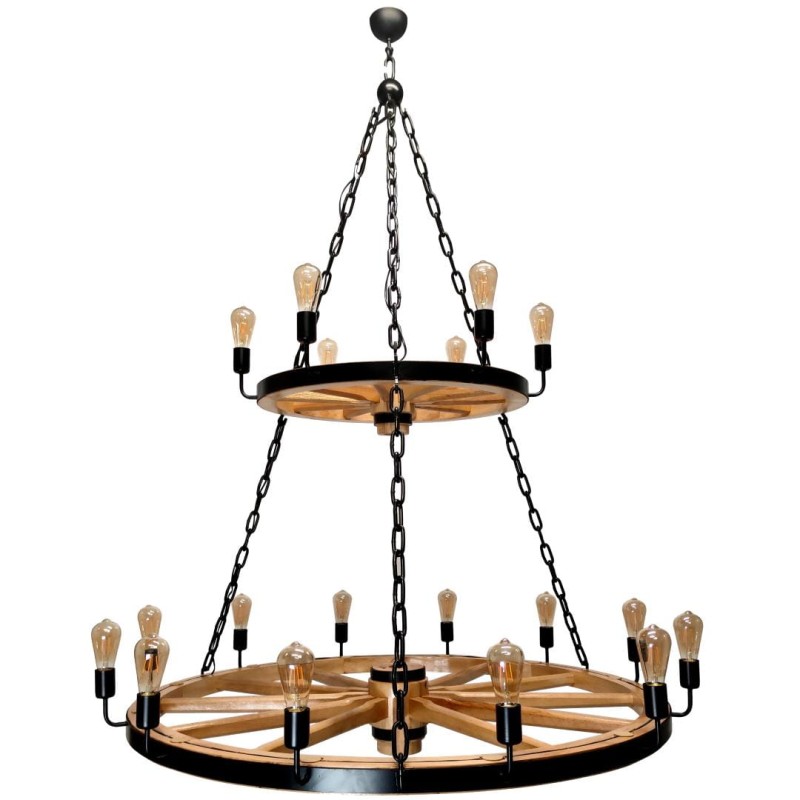 Two-Level Wooden Wagon Wheel Chandelier 70 + 130 L- Crafdeco