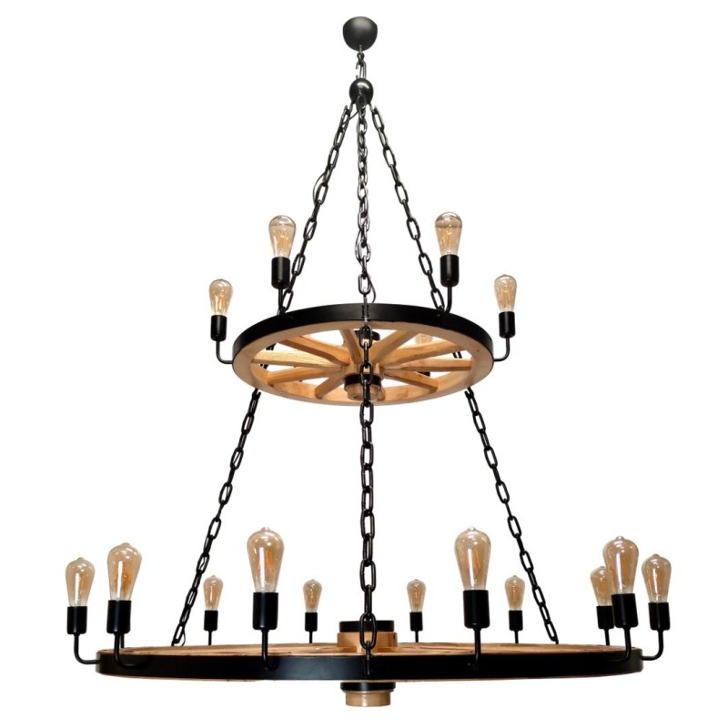 Two-Level Wooden Wagon Wheel Chandelier 70 + 130 L - Crafdeco