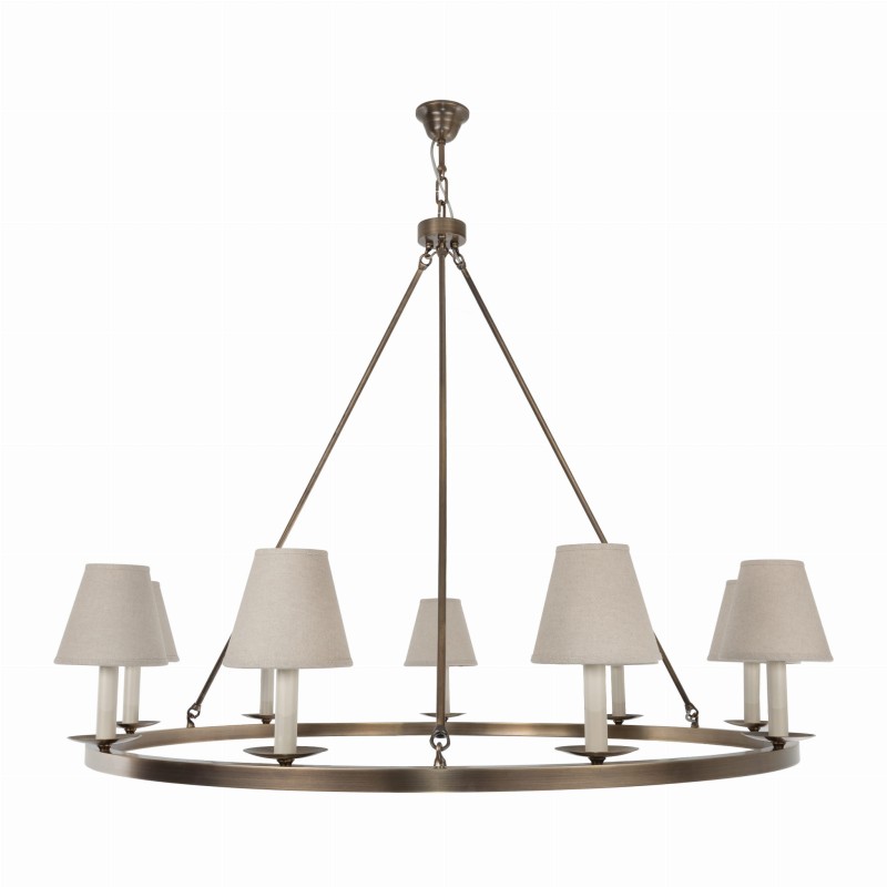 Aurora Brass Chandelier ,  linen Lampshade , Crafdeco