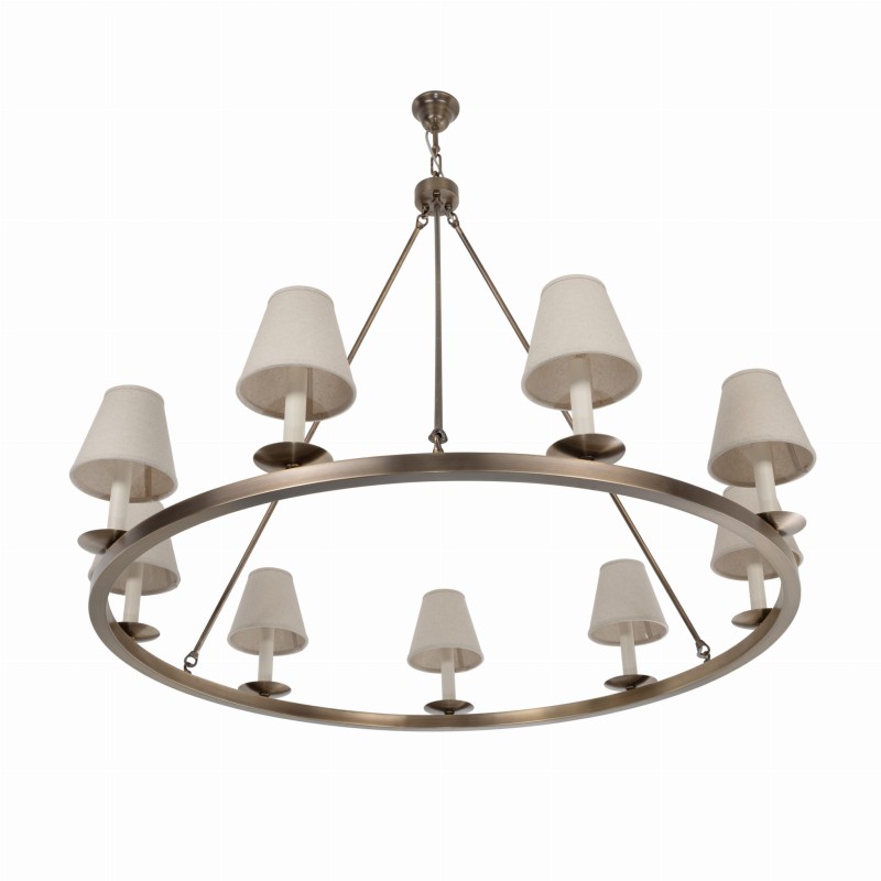 Aurora Brass Chandelier ,  linen Lampshade , Crafdeco