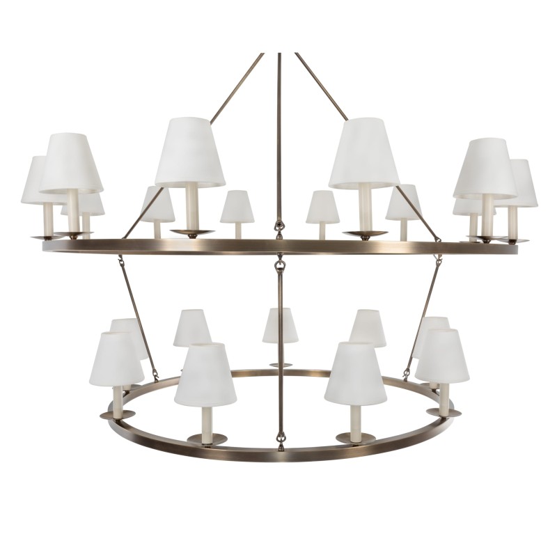 Aurora Double Brass Chandelier ,  white lampshade , Crafdeco