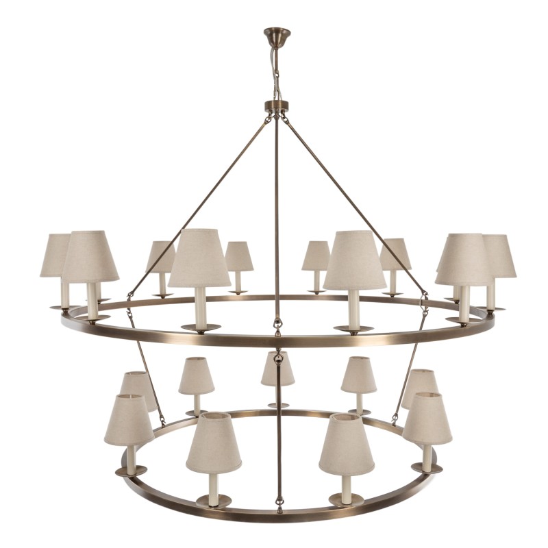 Aurora Double Brass Chandelier ,  linen lampshade , Crafdeco