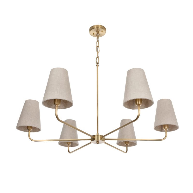 Brushed Brass CLASSY PLUS Chandelier, narrow linen lampshade