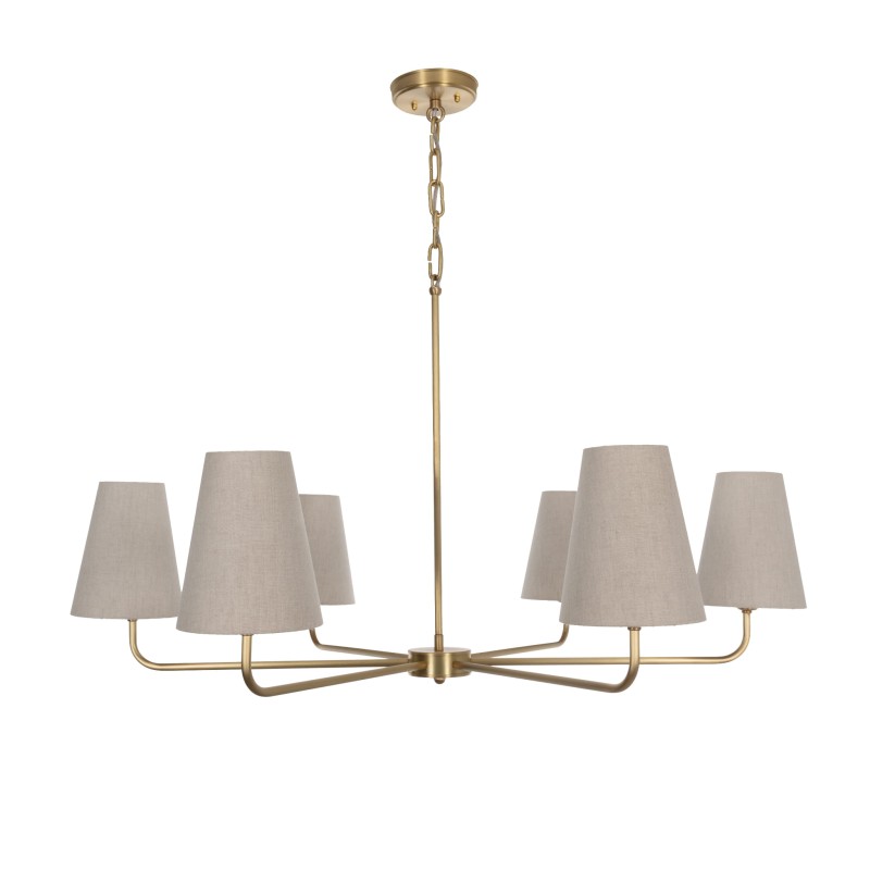 Brushed Brass CLASSY PLUS Chandelier, narrow linen lampshade