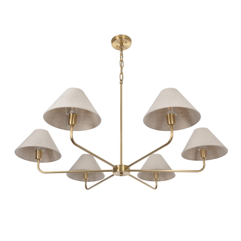 Brushed Brass CLASSY PLUS Chandelier, wide linen lampshade