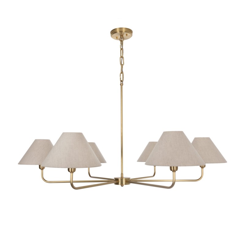 Brushed Brass CLASSY PLUS Chandelier, wide linen lampshade