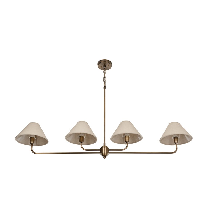 Classy chandelier, antiqued brass, linen, wide