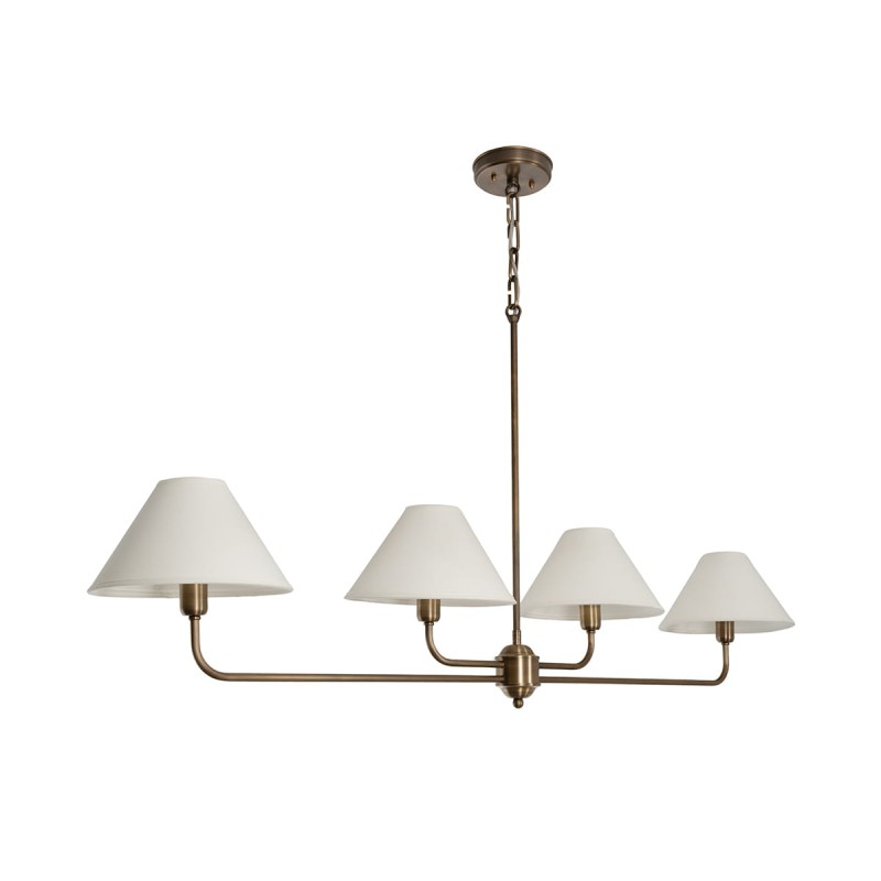 Classy chandelier, antiqued brass, linen, wide