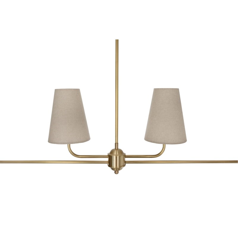 Classy chandelier, brushed brass, linen shade, narrow