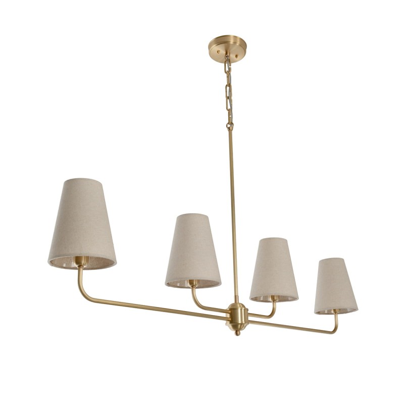 Classy chandelier, brushed brass, linen shade, narrow