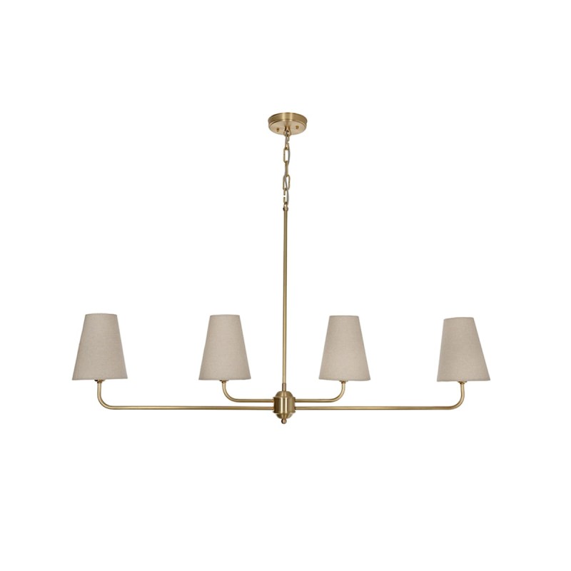 Classy chandelier, brushed brass, linen shade, narrow