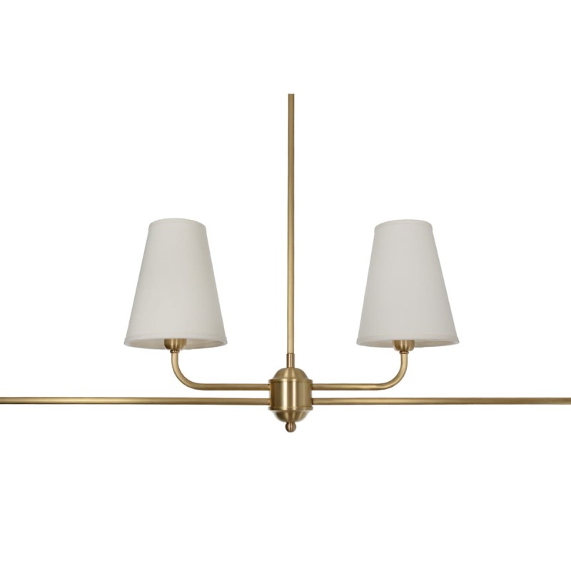 Classy chandelier, brushed brass, white lampshade, narrow