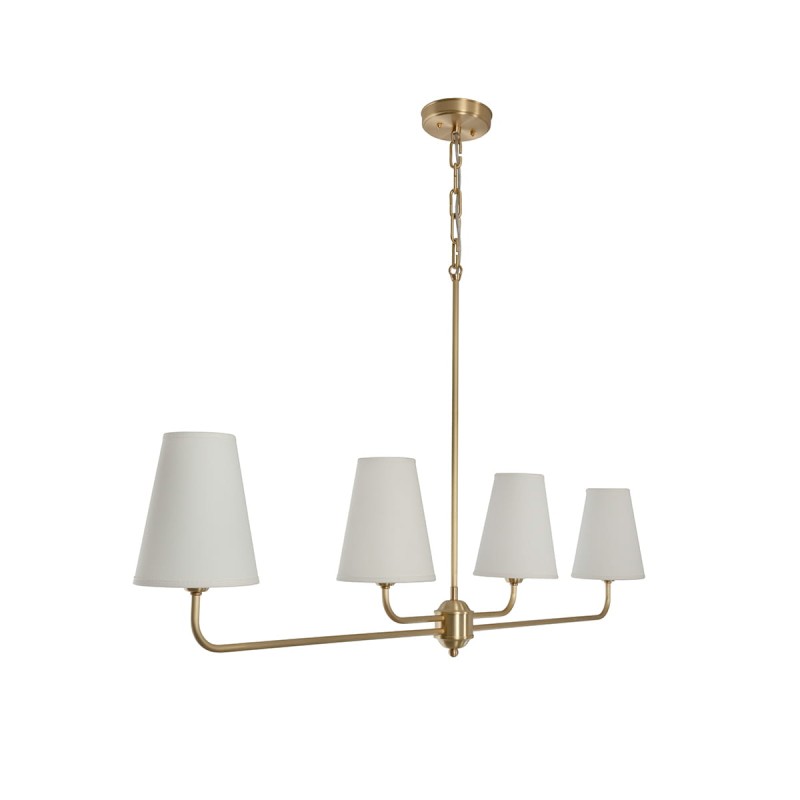 Classy chandelier, brushed brass, white lampshade, narrow
