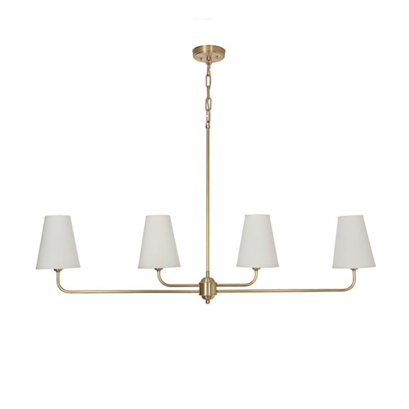 Classy chandelier, brushed brass, white lampshade, narrow