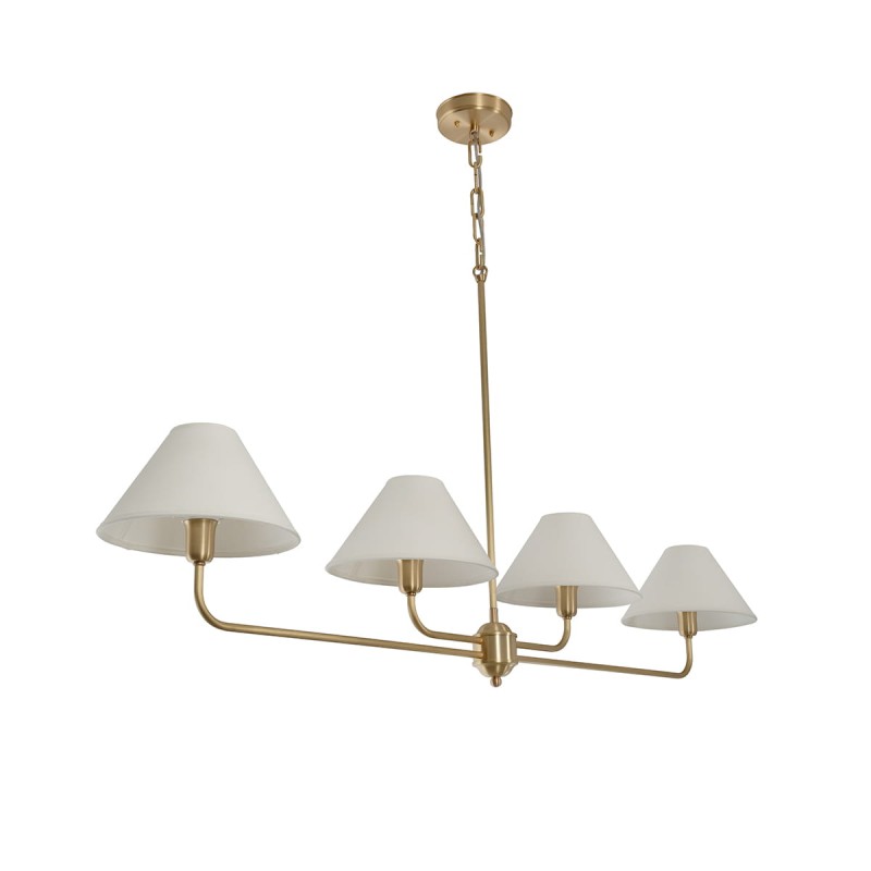Classy chandelier, brushed brass, white lampshade, wide