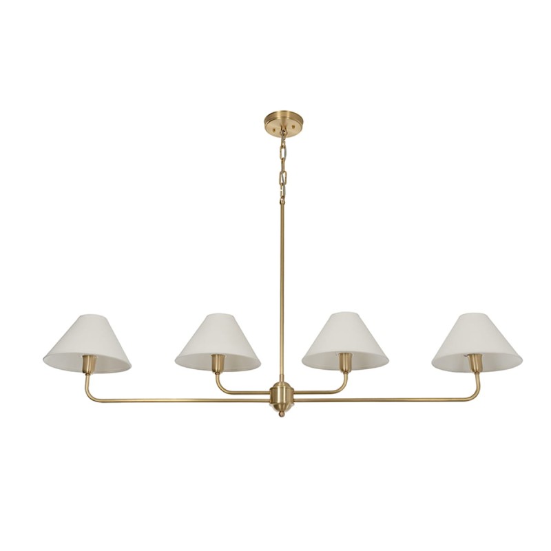 Classy chandelier, brushed brass, white lampshade, wide